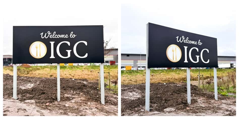 A collage of the front and side of the "Welcome to IGC" post and panel sign.